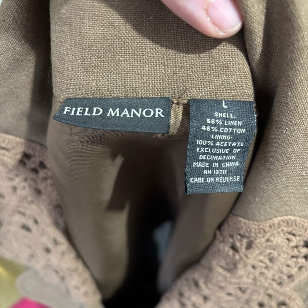 Field Manor Cropped Linen Blazer Suit Jacket Size Large Crochet Lace Trim Button - Picture 8 of 9